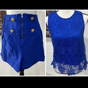 Royal Blue High-Waisted Shorts with Gold Buttons and blue blouse .(Bundle )